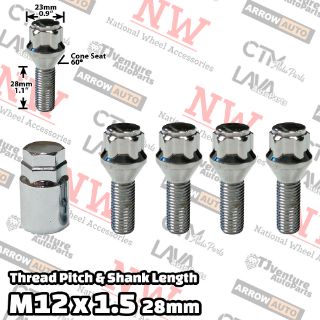 Picture of Wholesales | 20-Set | Chrome | 12x1.5 Thread | 28mm Shank | Cone Seat | 5-Point Anti-Thieft Wheel Lock Lug Bolts | Fit BMW & More | Plus Security Socket