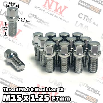 Show details for Wholesales | 200-Piece Box | Chrome | 15x1.25 Thread | 27mm Shank | R13 Ball Seat | Wheel Lug Bolts | Fit Mercedes Stock Wheels Picture of Wholesales | 200-Piece Box | Chrome | 15x1.25 Thread | 27mm Shank | R13 Ball Seat | Wheel Lug Bolts | Fit Mercedes Stock Wheels