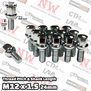 Picture of Wholesales | 200-Piece Box | Chrome | 12x1.5 Thread | 24mm Shank | R13 Ball Seat | Wheel Lug Bolts | Fit Mercedes Audi Stock Wheels