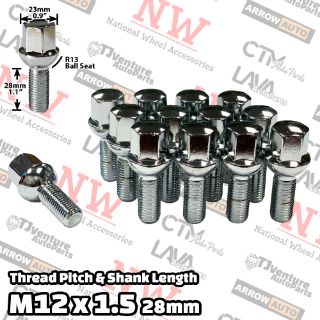 Picture of Wholesales | 200-Piece Box | Chrome | 12x1.5 Thread | 28mm Shank | R13 Ball Seat | Wheel Lug Bolts | Fit Mercedes Audi Stock Wheels