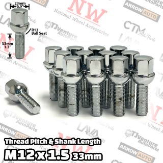 Picture of Wholesales | 100-Piece Box | Chrome | 12x1.5 Thread | 33mm Extended Shank | R13 Ball Seat | Wheel Lug Bolts | Fit Mercedes Audi Stock Wheels with Spacers