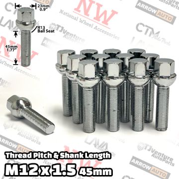 Show details for Wholesales | 100-Piece Box | Chrome | 12x1.5 Thread | 45mm Extended Shank | R13 Ball Seat | Wheel Lug Bolts | Fit Mercedes Audi Stock Wheels with Spacers Picture of Wholesales | 100-Piece Box | Chrome | 12x1.5 Thread | 45mm Extended Shank | R13 Ball Seat | Wheel Lug Bolts | Fit Mercedes Audi Stock Wheels with Spacers