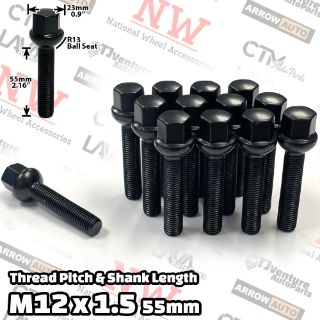 Picture of Wholesales | 100-Piece Box | Black | 12x1.5 Thread | 55mm Extended Shank | R13 Ball Seat | Wheel Lug Bolts | Fit Mercedes Audi Stock Wheels with Spacers