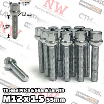 Show details for Wholesales | 100-Piece Box | Chrome | 12x1.5 Thread | 55mm Extended Shank | R13 Ball Seat | Wheel Lug Bolts | Fit Mercedes Audi Stock Wheels with Spacers Picture of Wholesales | 100-Piece Box | Chrome | 12x1.5 Thread | 55mm Extended Shank | R13 Ball Seat | Wheel Lug Bolts | Fit Mercedes Audi Stock Wheels with Spacers