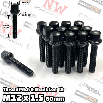 Show details for Wholesales | 100-Piece Box | Black | 12x1.5 Thread | 60mm Extended Shank | R13 Ball Seat | Wheel Lug Bolts | Fit Mercedes Audi Stock Wheels with Spacers Picture of Wholesales | 100-Piece Box | Black | 12x1.5 Thread | 60mm Extended Shank | R13 Ball Seat | Wheel Lug Bolts | Fit Mercedes Audi Stock Wheels with Spacers