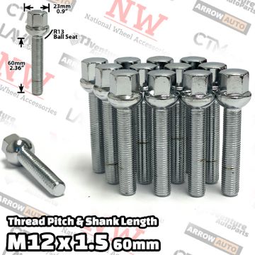Show details for Wholesales | 100-Piece Box | Chrome | 12x1.5 Thread | 60mm Extended Shank | R13 Ball Seat | Wheel Lug Bolts | Fit Mercedes Audi Stock Wheels with Spacers Picture of Wholesales | 100-Piece Box | Chrome | 12x1.5 Thread | 60mm Extended Shank | R13 Ball Seat | Wheel Lug Bolts | Fit Mercedes Audi Stock Wheels with Spacers