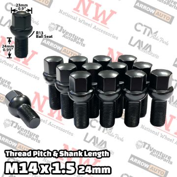 Show details for Wholesales | 200-Piece Box | Black | 14x1.5 Thread | 24mm Shank | R13 Ball Seat | Wheel Lug Bolts | Fit Mercedes Audi Volkswagen Porsche Bentley Stock Wheels Picture of Wholesales | 200-Piece Box | Black | 14x1.5 Thread | 24mm Shank | R13 Ball Seat | Wheel Lug Bolts | Fit Mercedes Audi Volkswagen Porsche Bentley Stock Wheels
