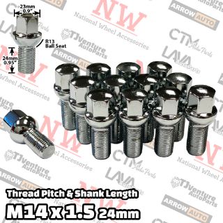 Picture of Wholesales | 200-Piece Box | Chrome | 14x1.5 Thread | 24mm Shank | R13 Ball Seat | Wheel Lug Bolts | Fit Mercedes Audi Volkswagen Porsche Bentley Stock Wheels