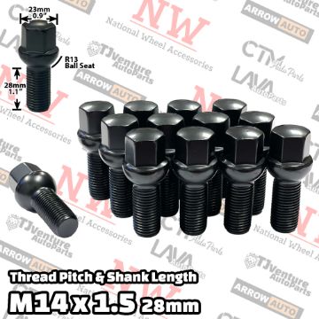 Show details for Wholesales | 200-Piece Box | Black | 14x1.5 Thread | 28mm Shank | R13 Ball Seat | Wheel Lug Bolts | Fit Mercedes Audi Volkswagen Porsche Bentley Stock Wheels Picture of Wholesales | 200-Piece Box | Black | 14x1.5 Thread | 28mm Shank | R13 Ball Seat | Wheel Lug Bolts | Fit Mercedes Audi Volkswagen Porsche Bentley Stock Wheels