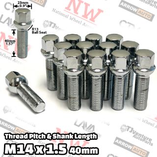 Picture of Wholesales | 100-Piece Box | Chrome | 14x1.5 Thread | 40mm Extended Shank | R13 Ball Seat | Wheel Lug Bolts | Fit Mercedes Audi Volkswagen Porsche Bentley Stock Wheels with Spacers