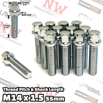 Show details for Wholesales | 100-Piece Box | Chrome | 14x1.5 Thread | 55mm Extended Shank | R13 Ball Seat | Wheel Lug Bolts | Fit Mercedes Audi Volkswagen Porsche Bentley Stock Wheels with Spacers Picture of Wholesales | 100-Piece Box | Chrome | 14x1.5 Thread | 55mm Extended Shank | R13 Ball Seat | Wheel Lug Bolts | Fit Mercedes Audi Volkswagen Porsche Bentley Stock Wheels with Spacers