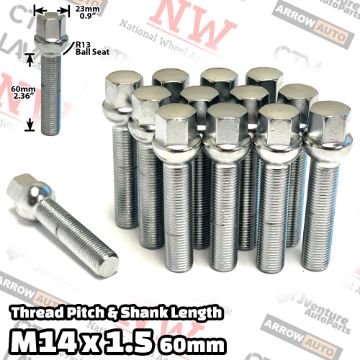 Show details for Wholesales | 100-Piece Box | Chrome | 14x1.5 Thread | 60mm Extended Shank | R13 Ball Seat | Wheel Lug Bolts | Fit Mercedes Audi Volkswagen Porsche Bentley Stock Wheels with Spacers Picture of Wholesales | 100-Piece Box | Chrome | 14x1.5 Thread | 60mm Extended Shank | R13 Ball Seat | Wheel Lug Bolts | Fit Mercedes Audi Volkswagen Porsche Bentley Stock Wheels with Spacers