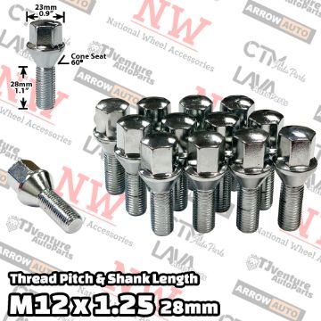 Show details for Wholesales | 200-Piece Box | Chrome | 12x1.25 Thread | 28mm Shank | Cone Seat | Wheel Lug Bolts Picture of Wholesales | 200-Piece Box | Chrome | 12x1.25 Thread | 28mm Shank | Cone Seat | Wheel Lug Bolts