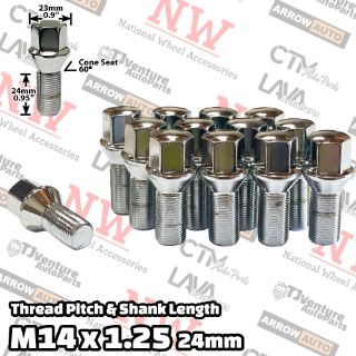 Picture of Wholesales | 200-Piece Box | Chrome | 14x1.25 Thread | 24mm Shank | Cone Seat | Wheel Lug Bolts | Fit BMW Mini Toyota Supra