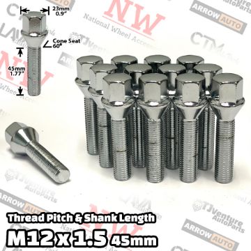 Show details for Wholesales | 100-Piece Box | Chrome | 12x1.5 Thread | 45mm Extended Shank | Cone Seat | Wheel Lug Bolts | Fit BMW & Mercedes Audi Aftermarket Wheels with 15-20mm Spacers Picture of Wholesales | 100-Piece Box | Chrome | 12x1.5 Thread | 45mm Extended Shank | Cone Seat | Wheel Lug Bolts | Fit BMW & Mercedes Audi Aftermarket Wheels with 15-20mm Spacers