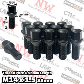 Picture of Wholesales | 200-Piece Box | Black | 14x1.5 Thread | 28mm Shank | Cone Seat | Wheel Lug Bolts | Fit Lexus ES Volvo & Mercedes Audi Volkswagen Porsche Bentley Aftermarket Wheels