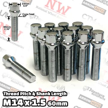 Show details for Wholesales | 100-Piece Box | Chrome | 14x1.5 Thread | 60mm Extended Shank | Cone Seat | Wheel Lug Bolts | Fit Lexus ES Volvo & Mercedes Audi Volkswagen Porsche Bentley Aftermarket Wheels with 30-35mm Spacers Picture of Wholesales | 100-Piece Box | Chrome | 14x1.5 Thread | 60mm Extended Shank | Cone Seat | Wheel Lug Bolts | Fit Lexus ES Volvo & Mercedes Audi Volkswagen Porsche Bentley Aftermarket Wheels with 30-35mm Spacers