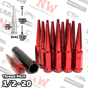 Show details for Wholesales | 4-Box of 24-Piece Set | 4.5” Tall | Red | 1/2-20 Thread | 3/4” Hex Drive Drive | Spike Lug Nuts | Plus Security Socket Picture of Wholesales | 4-Box of 24-Piece Set | 4.5” Tall | Red | 1/2-20 Thread | 3/4” Hex Drive Drive | Spike Lug Nuts | Plus Security Socket