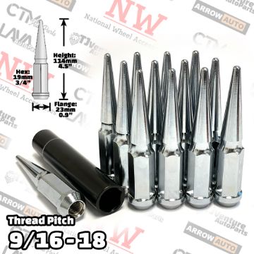 Show details for Wholesales | 4-Box of 24-Piece Set | 4.5” Tall | Chrome | 9/16-18 Thread | 3/4” Hex Drive Drive | Spike Lug Nuts | Plus Security Socket Picture of Wholesales | 4-Box of 24-Piece Set | 4.5” Tall | Chrome | 9/16-18 Thread | 3/4” Hex Drive Drive | Spike Lug Nuts | Plus Security Socket