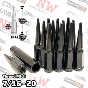 Show details for Wholesales | 4-Box of 24-Piece Set | 4.5” Tall | Black | 7/16-20 Thread | 3/4” Hex Drive Drive | Spike Lug Nuts | Plus Security Socket Picture of Wholesales | 4-Box of 24-Piece Set | 4.5” Tall | Black | 7/16-20 Thread | 3/4” Hex Drive Drive | Spike Lug Nuts | Plus Security Socket
