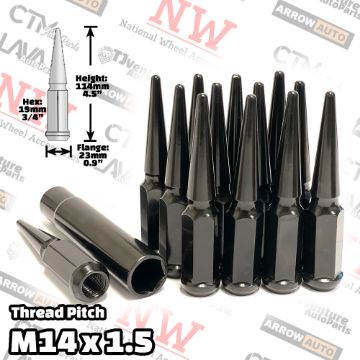 Show details for Wholesales | 4-Box of 24-Piece Set | 4.5” Tall | Black | 14x1.5 Thread | 3/4” Hex Drive Drive | Spike Lug Nuts | Plus Security Socket Picture of Wholesales | 4-Box of 24-Piece Set | 4.5” Tall | Black | 14x1.5 Thread | 3/4” Hex Drive Drive | Spike Lug Nuts | Plus Security Socket