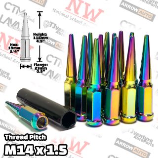 Picture of Wholesales | 4-Box of 24-Piece Set | 4.5” Tall | Neo Chrome | 14x1.5 Thread | 3/4” Hex Drive Drive | Spike Lug Nuts | Plus Security Socket