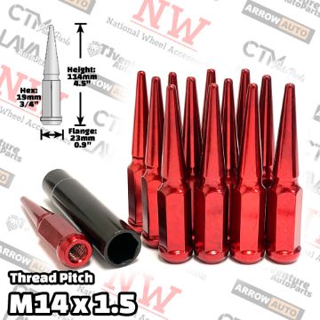 Show details for Wholesales | 4-Box of 24-Piece Set | 4.5” Tall | Red | 14x1.5 Thread | 3/4” Hex Drive Drive | Spike Lug Nuts | Plus Security Socket Picture of Wholesales | 4-Box of 24-Piece Set | 4.5” Tall | Red | 14x1.5 Thread | 3/4” Hex Drive Drive | Spike Lug Nuts | Plus Security Socket