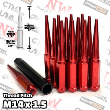 Show details for Wholesales | 4-Box of 24-Piece Set | 6” Extra Tall | Red | 14x1.5 Thread | 3/4” Hex Drive Drive | Spike Lug Nuts | Plus Security Socket Picture of Wholesales | 4-Box of 24-Piece Set | 6” Extra Tall | Red | 14x1.5 Thread | 3/4” Hex Drive Drive | Spike Lug Nuts | Plus Security Socket