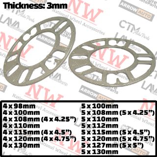 Picture of 2-Piece Set | 3mm Thick | Universal Wheel Space | 78mm Center Bore | 4x98mm 4x100mm 4x108mm 4x110mm 4x114.3mm 4x120mm 4x130mm 4x4.25” 4x4.5” 4x4.75” 5x100mm 5x108mm 5x110mm 5x112mm 5x115mm 5x114.3mm 5x120mm 5x127mm 5x130mm 5x4.25” 5x4.5” 5x4.75” 5x5”