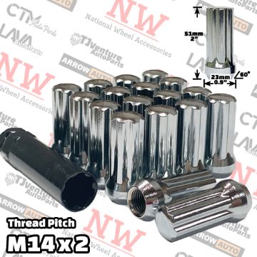 Show details for 28-Piece Set | 2” Tall | Chrome | 14x2 Thread | 7 Spline | Tuner Locker | Performance Wheel Lug Nuts | Plus Security Socket Picture of 28-Piece Set | 2” Tall | Chrome | 14x2 Thread | 7 Spline | Tuner Locker | Performance Wheel Lug Nuts | Plus Security Socket
