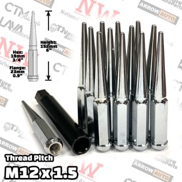 Picture of Wholesales | 4-Box of 24-Piece Set | 6” Extra Tall | Chrome | 12x1.5 Thread | 3/4” Hex Drive Drive | Spike Lug Nuts | Plus Security Socket