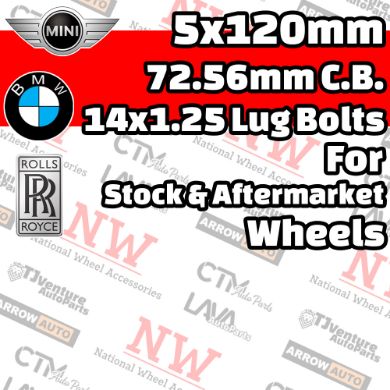 Picture for category BMW / Mini / Rolls-Royce 5x120mm 72.56mm Center Bore with 14x1.25 Bolts For Stock & Aftermarket Wheel