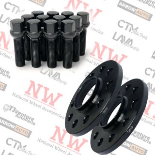 Picture of 2-Piece Set | 10mm Thick | 4x100mm | HubCentric Wheel Spacers | 57.1mm Center Bore | Black Extended 14x1.5 R13 Ball Seat Bolts | Fit Volkswagen Stock Wheels