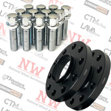 Show details for 2-Piece Set | 17mm Thick | 5x100mm & 5x112mm | HubCentric Wheel Spacers | 57.1mm Center Bore | Chrome Extended 14x1.5 R13 Ball Seat Bolts | Fit Volkswagen Audi Bentley Stock Wheels Picture of 2-Piece Set | 17mm Thick | 5x100mm & 5x112mm | HubCentric Wheel Spacers | 57.1mm Center Bore | Chrome Extended 14x1.5 R13 Ball Seat Bolts | Fit Volkswagen Audi Bentley Stock Wheels