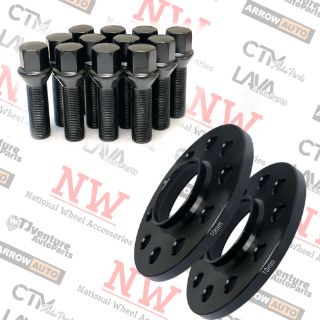 Picture of 2-Piece Set | 10mm Thick | 5x112mm | HubCentric Wheel Spacers | 66.56mm Center Bore | Black Extended 14x1.25 Conical Bolts | Fit Latest BMW & More