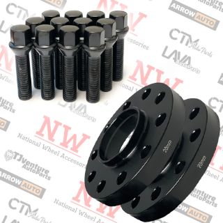 Picture of 2-Piece Set | 20mm Thick | 5x112mm | HubCentric Wheel Spacers | 66.56mm Center Bore | Black Extended 14x1.25 Conical Bolts | Fit Latest BMW & More