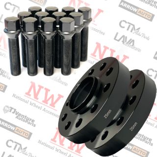 Picture of 2-Piece Set | 25mm Thick | 5x112mm | HubCentric Wheel Spacers | 66.56mm Center Bore | Black Extended 14x1.25 Conical Bolts | Fit Latest BMW & More