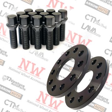 Picture of 2-Piece Set | 10mm Thick | 5x112mm | Wheel Spacers | 66.56mm Center Bore | Black Extended 14x1.25 Conical Bolts | Fit Latest BMW & More